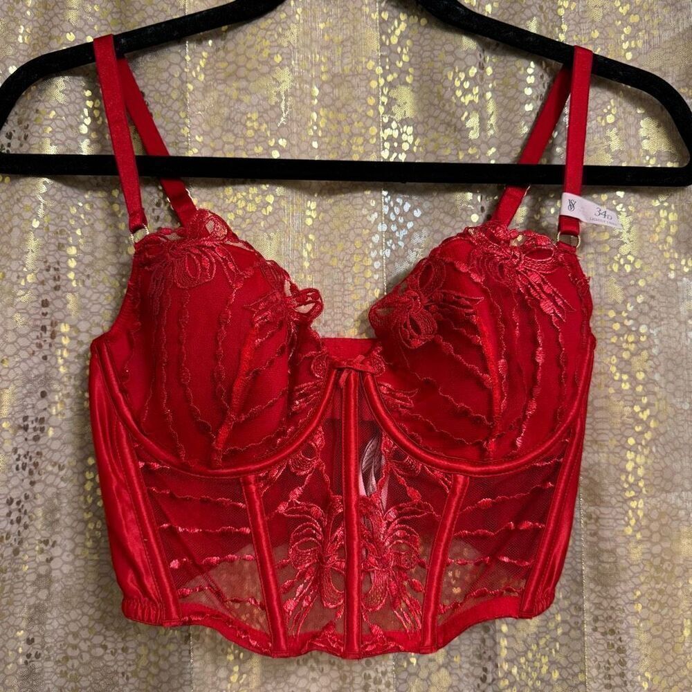 Victorias‎ Secret Dream Angels Red Shimmery Bows Lace Corset Bra Top 34D NWT